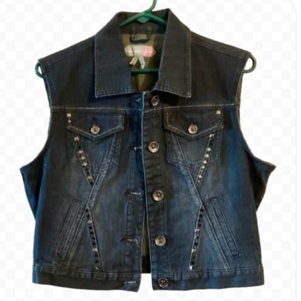 Denim Vest Vtg Sz L Boom Boom Jeans Studded Beaded Y2K 90s Edgy Goth Revival
